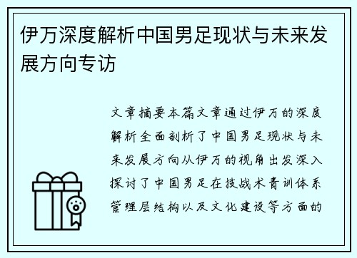 伊万深度解析中国男足现状与未来发展方向专访 伊万深度解析中国男足现状与未来发展方向专访