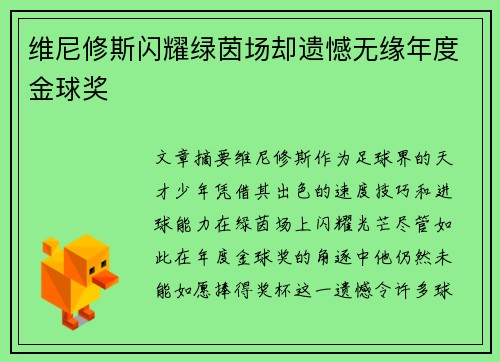 维尼修斯闪耀绿茵场却遗憾无缘年度金球奖 维尼修斯闪耀绿茵场却遗憾无缘年度金球奖